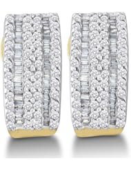 14K Yellow and White Two Tone Gold Channel Invisible Set Round Diamond U Shape Hoop Earrings - (.93 cttw)