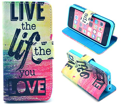 iphone 5C Case, Live the Life you Love Flip Wallet Credit ID Card Slot Holder Phone Case With Stand --Retail Package W Screen Protector --Pink