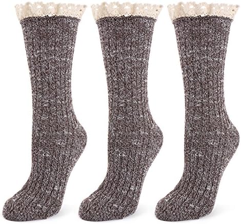 Women's Thick Warm Rib Casual Boot Socks With Lace Trim-3 Pk, Chocolate
