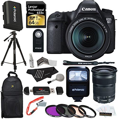 Canon EOS 6D 20.2 MP CMOS DSLR with Canon EF 24-105mm IS STM Kit + Lexar 64GB + Polaroid 57" Tripod + Spare Battery + Filter Set + Camera Bag + Flash + Wireless Remote + Accessory Bundle