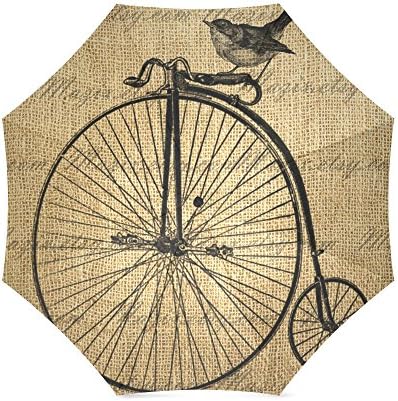 Vintage Bicycle and Bird Print Design Compact Umbrella Folding Travel Rain/Sun Umbrella Anti-uv, Windproof Rainproof Umbrella