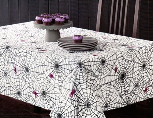 Halloween Spider Webs Fabric Tablecloth White Black and Purple (70")
