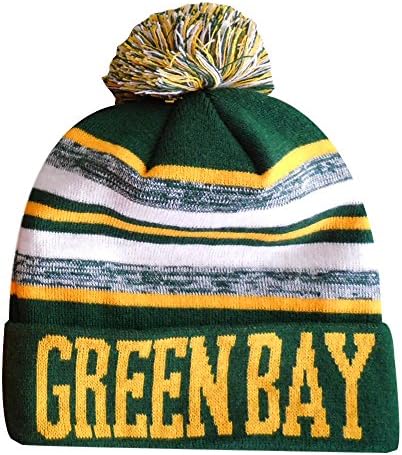 Green Bay Thick Warm Cuffed Blending Color Beanie Winter Hat Cap with Pom and Patch One Size Adult Hunter Green/Gold