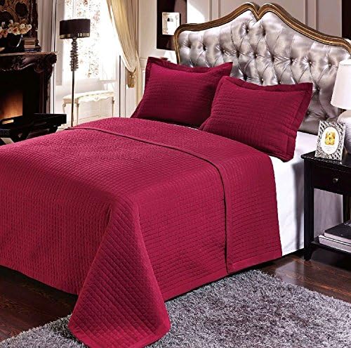 Burgundy 5PC Coverlet Set, Checkered Quilted Bedspread, Wrinkle Free, Includes Bedspread & Sheets, Twin Extra Long Size