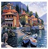 Modern Oil Painting on Canvas Stretched-framed Ready to Hang - Mediterranean Scenes - Boats and Buildings