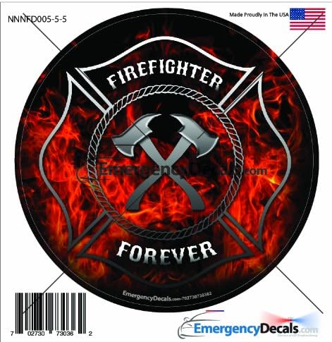 Firefighter flames Maltese Cross 4.25 inch decal: Firefighter Forever with flames