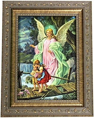 Christian Brands 9" x 7" Ornate Framed Inspirational Reproduction Print with Easel Back (Guardian Angel Guiding Children Over Bridge)