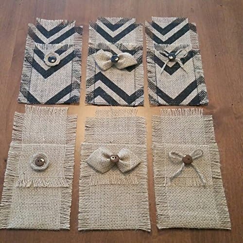 Burlap Silverware Holders with Buttons or Bows in Natural or Chevron Design (Set of 8)