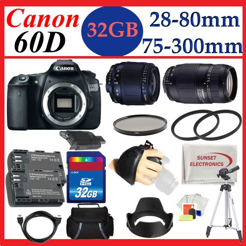 Canon EOS 60D 18 MP CMOS Digital SLR Camera with Tamron 28-80mm f/3.5-5.6 Aspherical Lens & 75-300mm f/4-5.6 LD Lens + Pro Shooter 32GB Lens Accessory Package