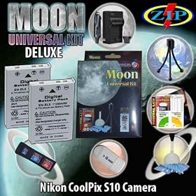 The Moon Universal Kit for Nikon Coolpix P500, Coolpix P510, NIKON CoolPix S10. Includes: 2 EN-EL5 1100mAh Ultra High Capacity Batteries made with cells produced in JAPAN or USA, Table-Top Wire Tripod, 110/240 Mini Charger with fold out plug and a DC car adapter, SD/SDHC Card Reader, LCD Protection 