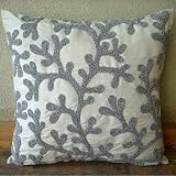 Silver Coral - 18x18 Inches Throw Pillow Covers - Silk Pillow Cover with Matte Silver Bead Embroidery