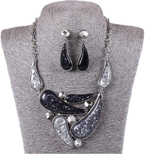 Black White Amber Drop Charm Rhinestone Bib Necklace Stud Earrings Set