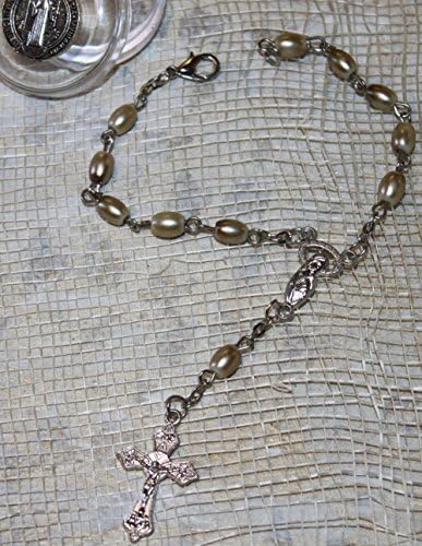 Astonishing Pearlized Tan Mini Rosary in a Box with Icon