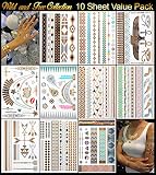 Metallic Tattoos - Pack of 10 Sheets with 129+ Temporary Flash Tattoos for Woman & Girls in Gold, Silver & Turquoise With Tribal, Flower & Butterfly Jewellery Designs (Wild & Free Collection)
