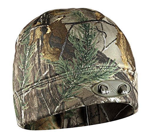 LED Beanie Hat - 4 Ultra Bright Lights - Super Comfortable and Warm - Real Tree Camo - Hands Free - Luxury Compression Fleece - Huggabe Lighted Hat Makes Path Visible up to 42 Feet Away