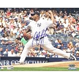MLB CC Sabathia Home Jersey Pitching with Steiner Collectibles Sign in Background Horizontal Autographed 8-by-10-Inch Photograph