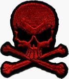 Red & Black Skull & Crossbones - 2 1/2 x 3 - Embroidered Iron On or Sew On Patch