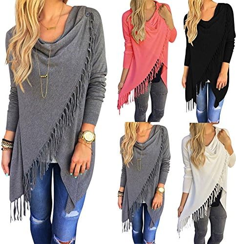 LinlyQueen 4 Colors Women's Autumn Loose Coat Long Sleeve Classics Tassel Tops Black S
