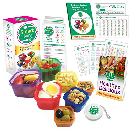 Smart Living 7 Piece Portion Control Containers Kit (COMPLETE GUIDE + FREE 21 DAY PDF PLANNER + RECIPE E-BOOK + BODY TAPE MEASURE included) Leak Proof Microwave and Dishwasher Safe
