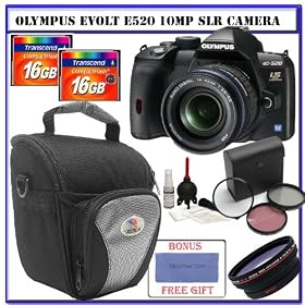 Olympus Evolt E-520 10MP IS Digital SLR Camera with w/ 14-42mm f/3.5-5.6 Zuiko Lens [262086] + Two (2) Transcend 16GB CF 133x Speed Memory Card + 58mm Introductory 3-PC Filter Kit + 48x Wide Angle Panoramic HD Series Fisheye w/ Marco + Zeikos Deluxe Short Zoom Case + Willoughby's Basic Kit