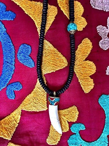 Tibetan naga conch shell tusk with black bone beads