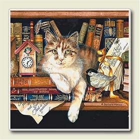 Click here to buy AbsorbaStone Coaster set ~ Literary Cat ~4 Tile Drink Coasters ~ code 250 by Artworks Home Accents.