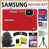 Samsung AQ100 12.2MP Waterproof Digital Camera with 5x Optical Zoom and 2.7-inch LCD Screen in Red + 8GB Accessory Kit