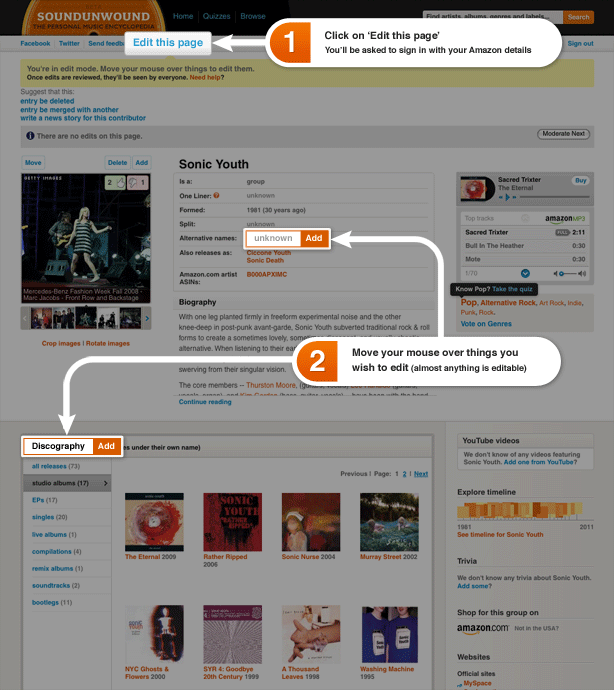 Click on 'Edit this page'. Move your mouse over things you wish to edit.