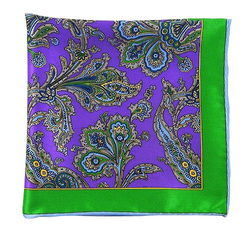 100% Printed Silk Kelly Green and Violet Gentlemen's Paisley Pocket Square
