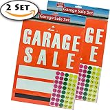 2 set of Garage Sale Sign and Round Sticker Price Label Kit, Orange Sign, Removable Adhesive Easy Peel Off Price Tag, Color Coding Assorted, Must have tool for yard sales