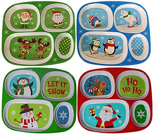 4 Section Melamine Children's Plates: Santa, Snowman, Reindeer and Penguin Designs (Santa, Penguin, Snowman & Reindeer)