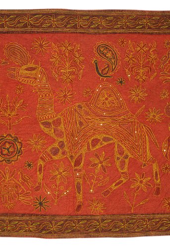 Imagen 1 de Antique Elephant Peacock Camel Bird & Cotton Zari bordado y lentejuelas Tapestry-Wall Hanging Tamaño 54 x 33 pulgadas