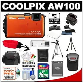 Nikon Coolpix AW100 Shock & Waterproof GPS Digital Camera (Orange) with 16GB Card + Handlebar & Helmet Mount + Battery + Case + Floating Strap + Tripod + Kit