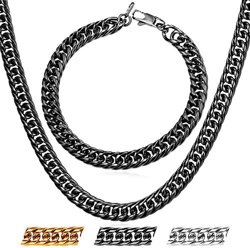 U7 Unisex Franco Curb Chain 6mm or 9mm Wide Black/ 18K Gold Plated/Stainless Steel Jewelry Chains Link Bracelet Necklace Set