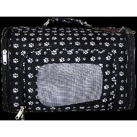 Designer Pet Carrier - Fully Enclosed Luggage Style Pet Carrier - Black with White Paw Prints - Large