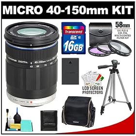 Olympus M.Zuiko 40-150mm f/4.0-5.6 Micro ED Digital Zoom Lens (Black) with 16GB Card + BLS-1/BLS-5 Battery + Case + Tripod + Accessory Kit for PEN Micro 4/3 E-P1, E-P2, E-PL1, E-PL2 Cameras