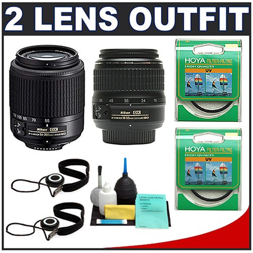 Nikon 18-55mm f/3.5-5.6G II AF-S DX + Nikon AF-S 55-200mm f/4-5.6G ED DX Zoom Lens + (2) Hoya UV Haze Filters + Accessory Kit - for Nikon D40, D40x, D50, D60, D70, D70s, D80, D200 & D300 Digital SLR Cameras (Lenses Refurbished by Nikon USA)