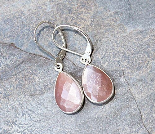 Peach Moonstone Earrings, Gemstone Earrings, Peach Earrings, Sterling Silver Earrings, Teardrop Earrings, Modern Earrings, Peach Jewelry