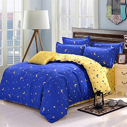Yiwant Duvet Cover Bed Sheet Pillow Case Quilt Cover 4-Pieces Bedding Set Double Size Moon Star - Blue Yellow