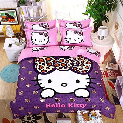 4 Pieces Queen Size Hello Kitty Design Bedding Sets Duvet Cover Flat Sheet Pillowcase for Kids Girls Christmas Gift (Queen, Leopard Hello Kitty)
