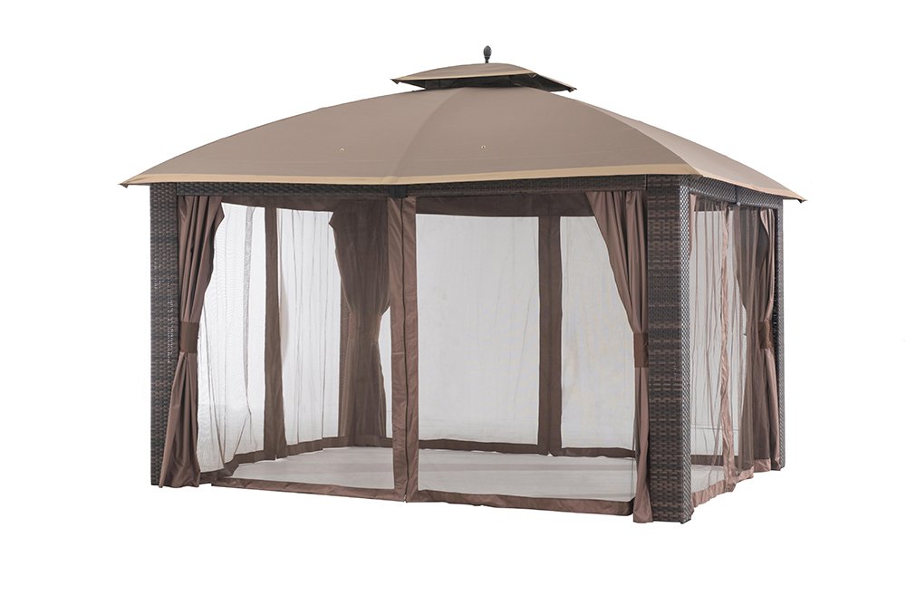 Sunjoy 12 x 10 Sonoma Wicker Gazebo, Large, Brown/Gold Trim