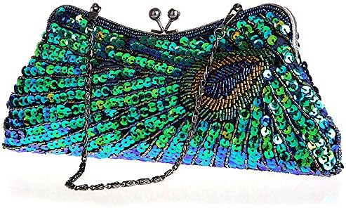 MZZ BEA145 Stunning Fully Sequined Feather Pattern Evening Purse Fashion Party Clutch Handbag (peacock)