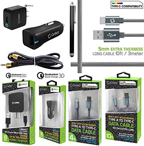 PageComm 6 Piece Quick Charge USB Type C Kit for ZTE Axon 7 Mini . Qualcomm USB Quick Car Charger, Qualcomm Quick House Charger, 4ft cable,10ft Cable, Aux cable, Stylus pen.