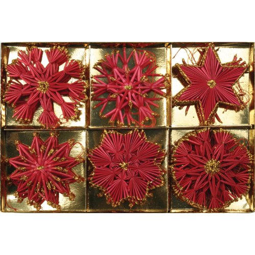 Christmas Straw Ornaments - Set of 18 pieces, Red Finish