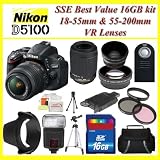 Nikon D5100 Digital SLR Camera with Nikon 18-55mm VR Lens And Nikon 55-200mm VR Lens + 3 Extra Lens + 16GB SDHC Memory Card & More !!