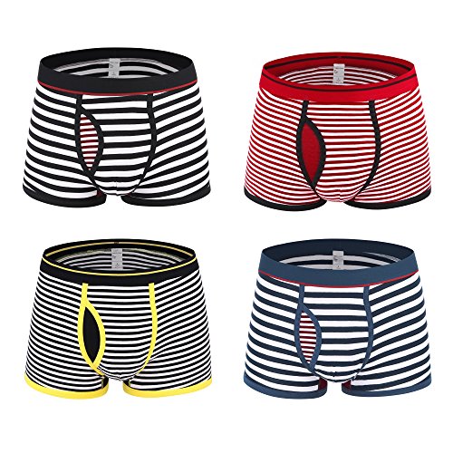 Dardugo Men's Stripe Cotton Boxer Briefs Underwear with Open Fly 4-pack Tag XL US Size M