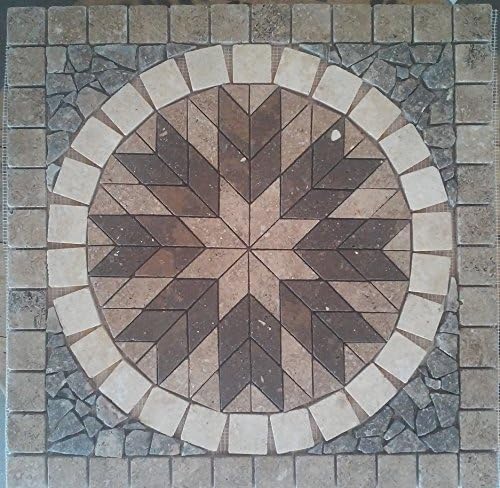 24" Tumbled Natural Stone, Travertine and Volcano Limestone Mosaic Medallion Floor or Wall Tile Art