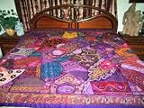 ZARDOZI EMBROIDERED BEADS SARI TAPESTRY BEDSPREAD COVERLET THROW WALL HANGING