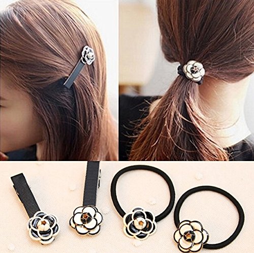 Blingy'sÂ® Original Black and White Camellia Hair Bands and Hair Clips/Duck Bill Clips/Flower Hair Bands/Hair Flowers/Rubber Bands/Hair Ropes (4-piece Combo Set) with Blingy'sÂ® Bag