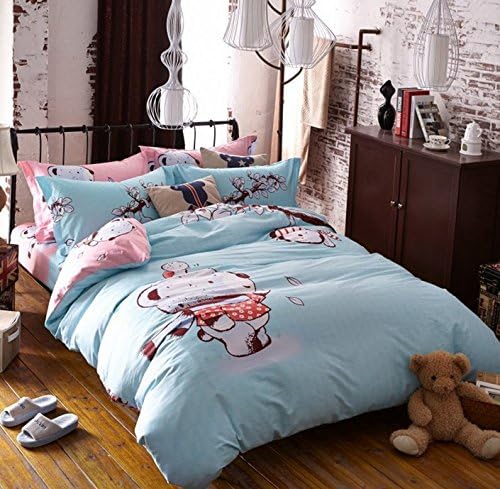 Bear Duvet Cover Set Disney Solid printing Blue Bedding sets All Cotton Comforter Cover+flat Sheet/fitted sheet+Pillowcase (Queen(fitted sheet-2), Bear)